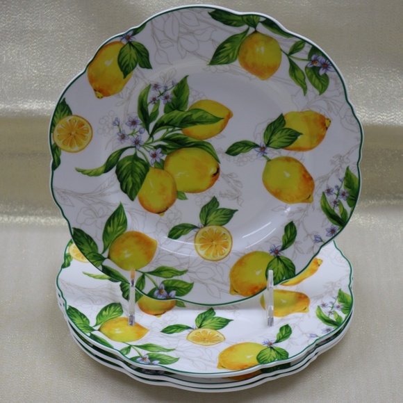 GRACE TEAWARE LEMON GARDEN FLORAL PORCELAIN SALAD/DESSERT PLATES -SET OF 4- NEW